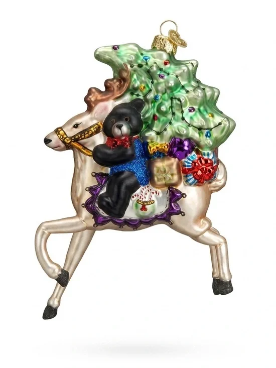 Peggy Abrams Glass Ornament – Bear on Reindeer
