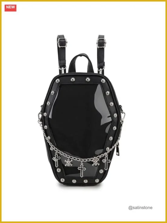 Coffin Shape Ita Bag with Clear Window Panel, Faux Leather Pin Display