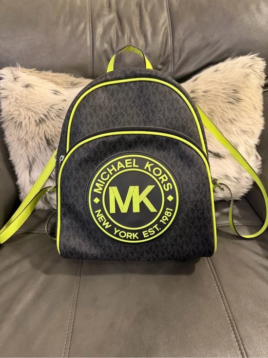 Micheal Kors Fulton Backpack - Black Signature Logo Print with Neon Green Piping