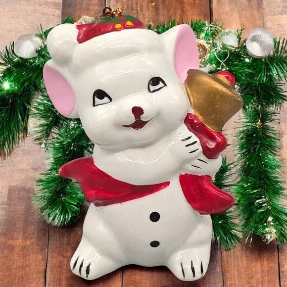 Vtg Ceramic Mouse Christmas Ornament Holding Goldtone Bell 3