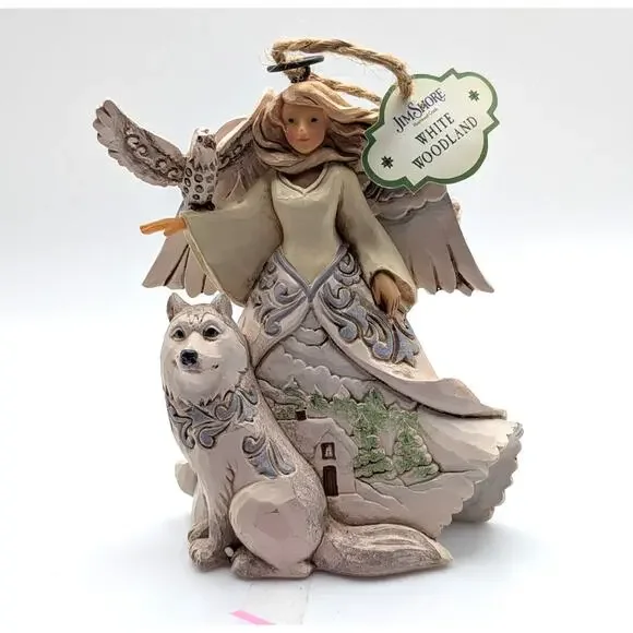 JIM SHORE White Woodland Angel Wolf Owl Figurine 2017 Heartwood Creek Boxed