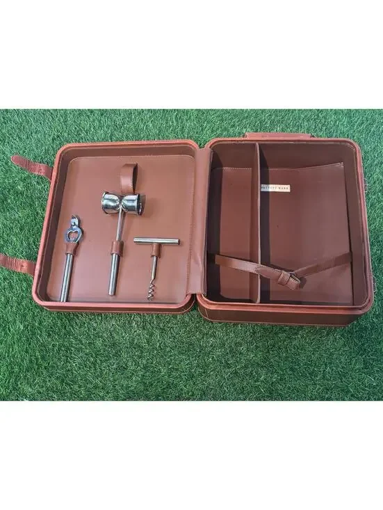 Pottery Barn Bartender Kit Travel Wine Cocktail Set Case Leather Double Buckle