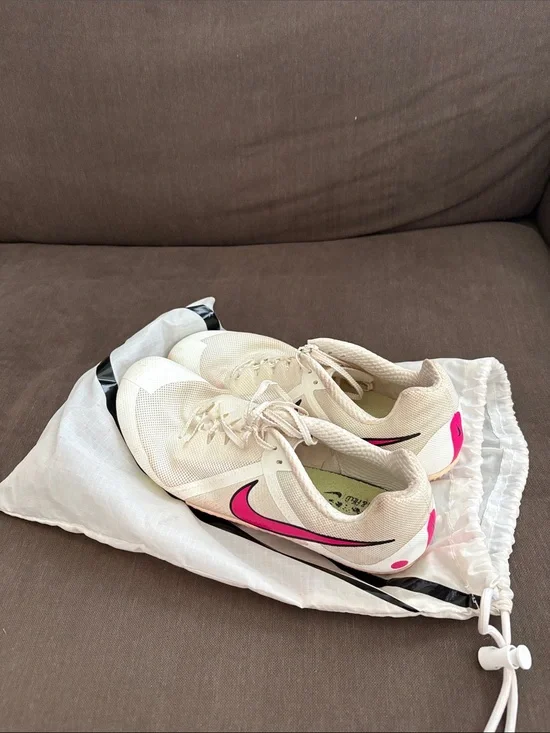 Nike Cream Mesh Running Track Spikes with Pink Swoosh Accent