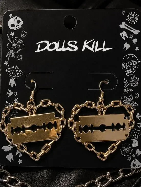 Dolls Kill Heart Chain Razor Blade Drop Earrings Gold NWT
