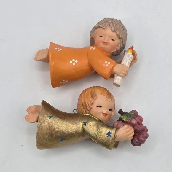 2 Vintage Anri‎ Ferrandiz Christmas Ornament Angel with Grapes And Candle
