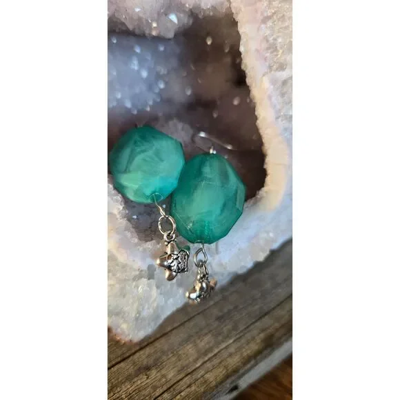 Recycled Aqua Acrylic Bead Dangle Earrings with Silver Tone Chinese Symbol