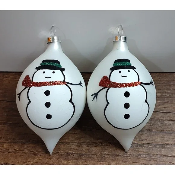 Snowman Christmas Ornament Set Of 2 Hand Painted Vintage Glass Teardrop B3