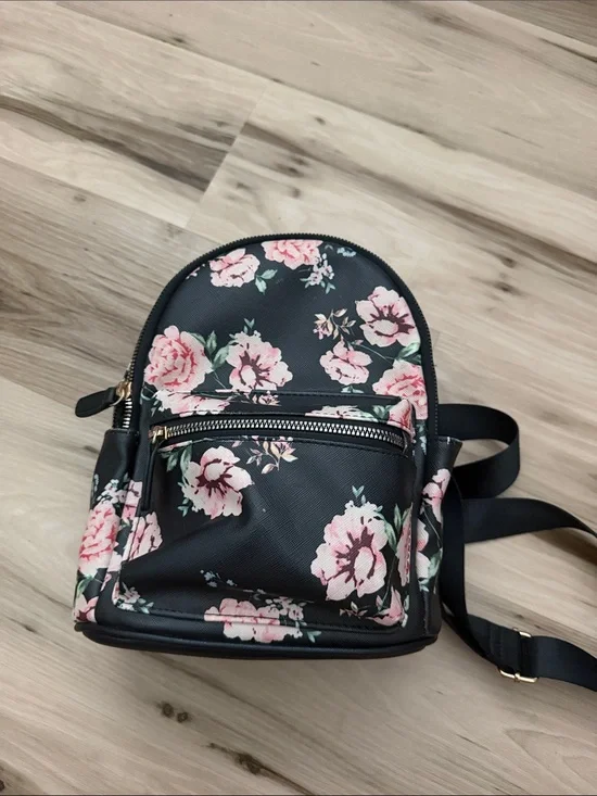 Black Floral Mini Backpack - Women's Lightweight Floral Bag
