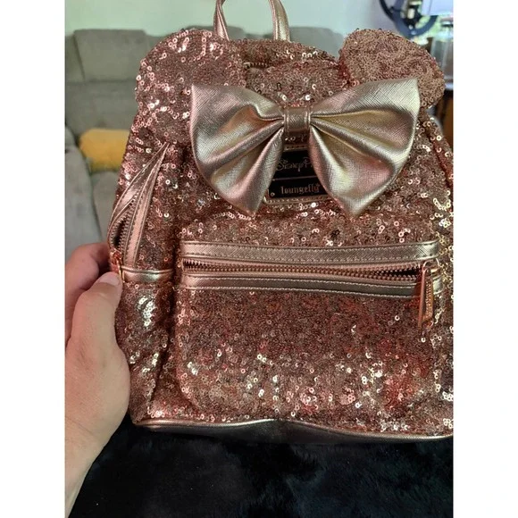 Disney Parks Loungefly Minnie Mouse Rose Gold Sequin Mini Backpack Bow Ears