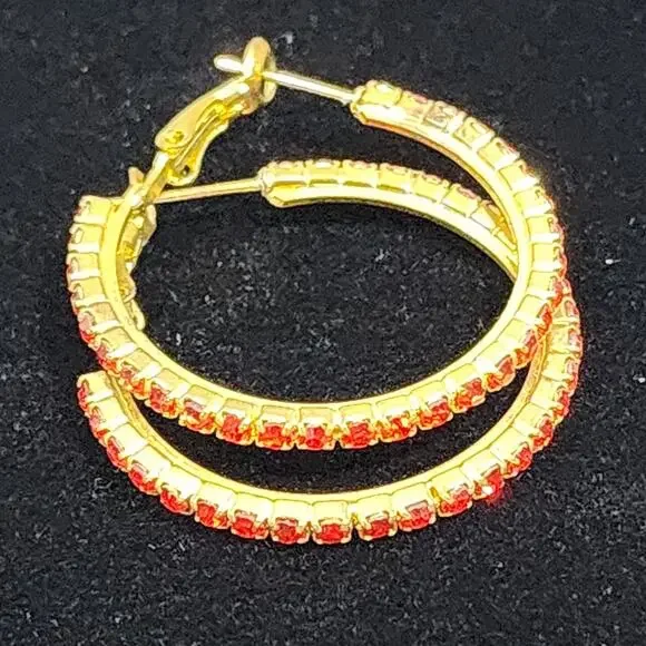 Red Crystal Rhinestone Studded Earrings Gold Tone Hoop Omega Closure Valentines
