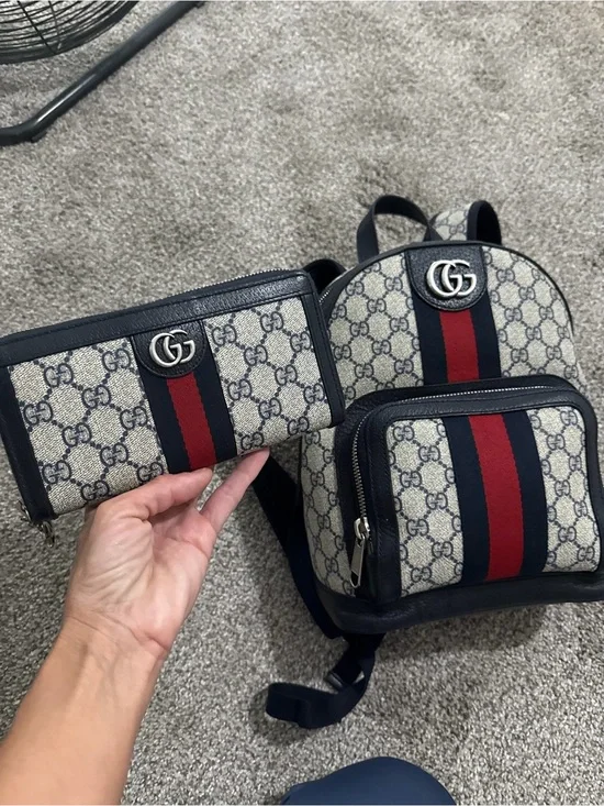 Gucci Beige GG Canvas Mini Backpack and Zip Wallet with Navy & Red Stripe set