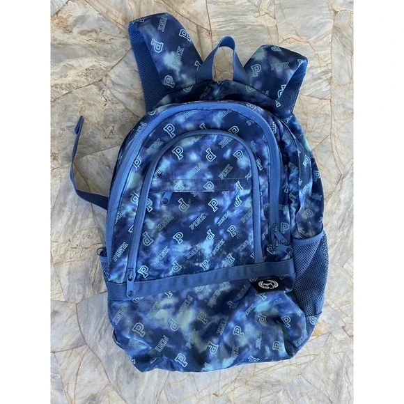 Victoria's Secret PINK Blue Tie Dye Logo Backpack Padded Straps Mesh Pockets