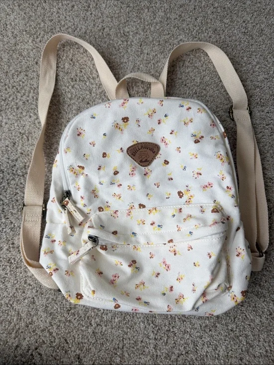 Billabong Cream Floral Canvas Mini Backpack with Tan Straps