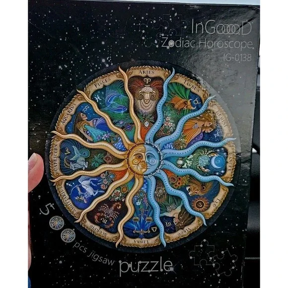 Wooden Zodiac Horoscope 500 Piece Round Jigsaw Puzzle Celestial Sun Moon