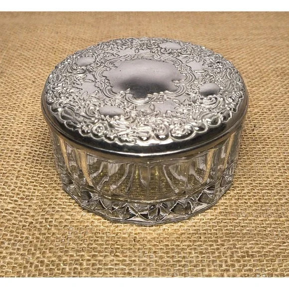 Vintage Godinger Silver Plate Lid Glass Jewelry Trinket Box Powder Puff Bowl