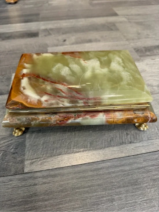 Vintage Green and Brown Onyx marble Italian Jewelry Box with Gold Feet