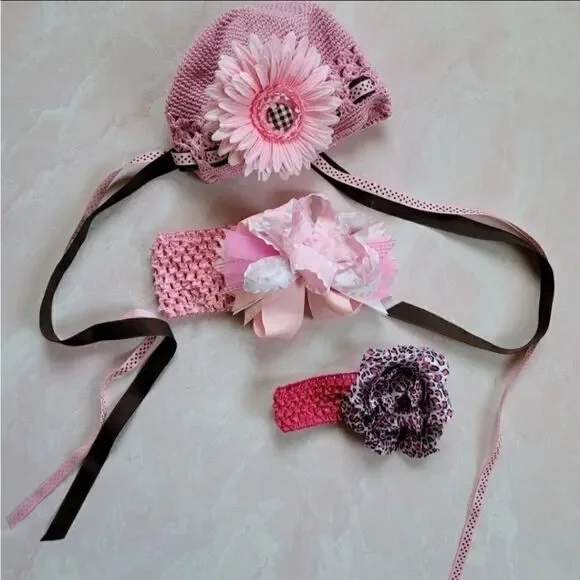 Baby girl newborn beanie knit crochet headband bun