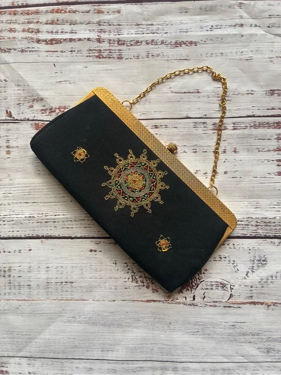 Vintage Black & Gold Embroidered Evening Clutch