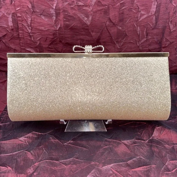 Gold Metallic Glitter Frame Crossbody Clutch Evening Bag Rhinestone Bow Clasp EC