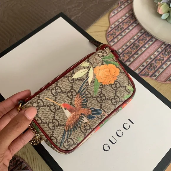 Gucci Beige GG Supreme Floral & Bird Mini Clutch with Red Trim