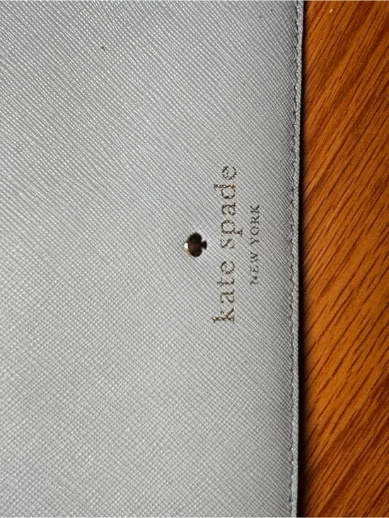 kate spade powder blue leather card wallet with gold logo