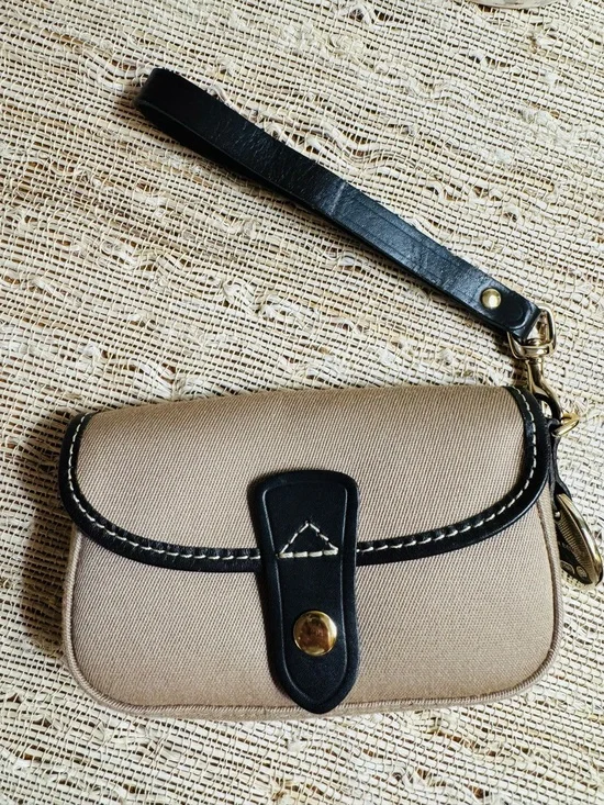 Dooney & Bourke Tan Twill Canvas Flap Wristlet Dark Brown Leather Trim