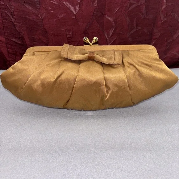 Valerie Stevens Gold Satin Duel Strap Clutch Purse Bow Rhinestone Kiss Lock EUC