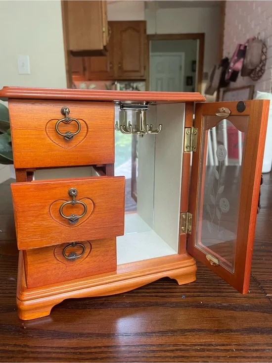 Wooden Jewelry Organizer Armoire in Cherry Finish with Mirrored Door
