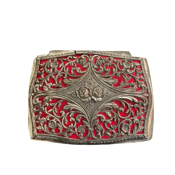 Vintage Pedestal Trinket Box Silver Red Metal Ring Hinged Jewelry Vanity Display