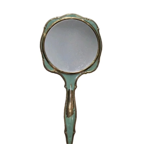 VTG Art Deco Green Guilloche Enamel Hand Mirror Grandmacore Coquette Cottagecore