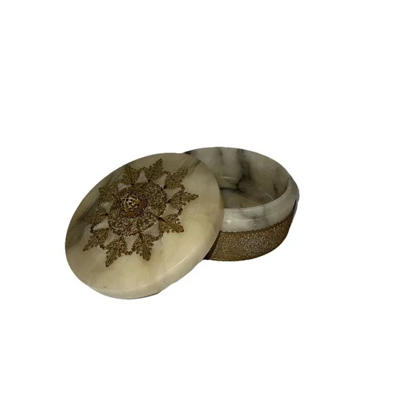 (6)VINTAGE GERMAN GILT FILIGREE ALABASTER MARBLE ART DECO NUDE POWDER BOX JAR