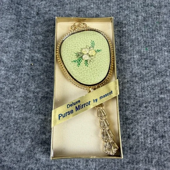Vintage‎ Mascot Deluxe Purse Mirror Gold Floral Hand Held Oval Vanity Box USA