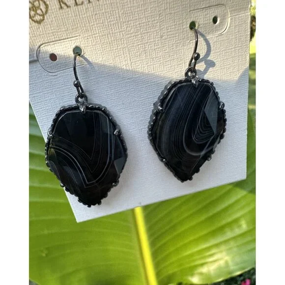 Kendra Scott Corley Earrings‎ Black Banded Agate Gunmetal Dangle Drop