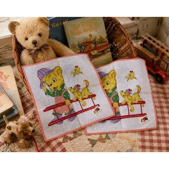 Lot 2 VTG Fruit of the Loom Kids Handkerchiefs Teddy Bear Firefighter Kitsch