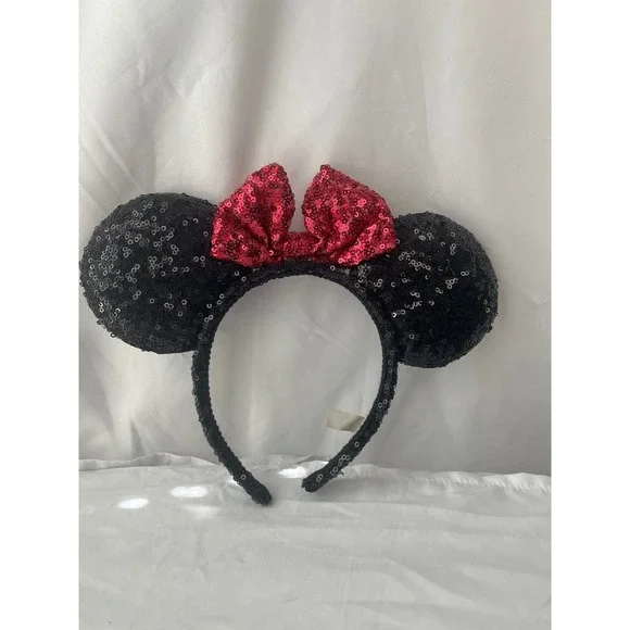 Disney Parks Minnie Mouse Ears Black Sequin Red Bow Headband