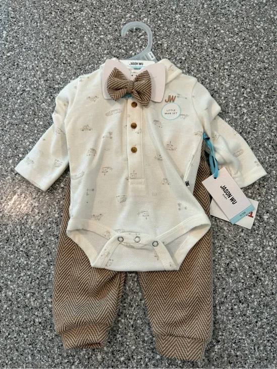 Jason Wu Cream Bodysuit with Brown Herringbone Pants & Bow