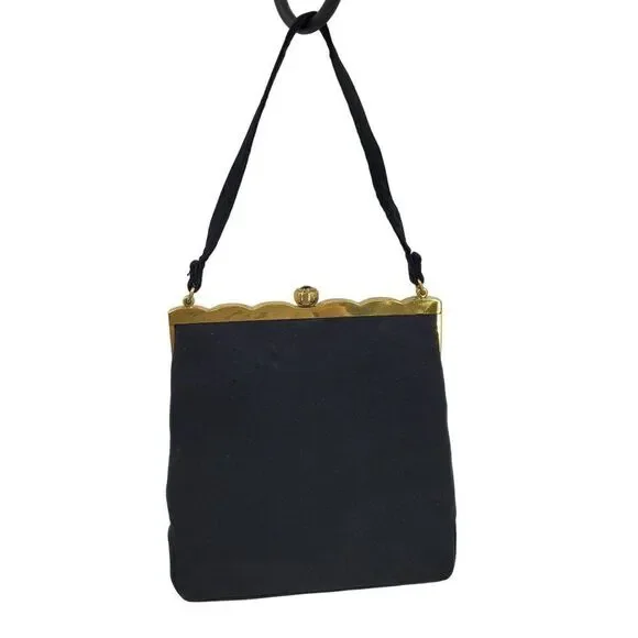 Vintage 60s Formal Evening Bag Black Gold Scalloped Trim Push Lock Clasp USA‎