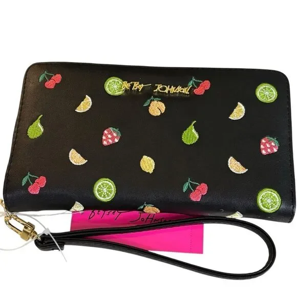 Betsey Johnson Fruit Embroidered Black Zip-Around Wristlet w/ Detachable Strap.