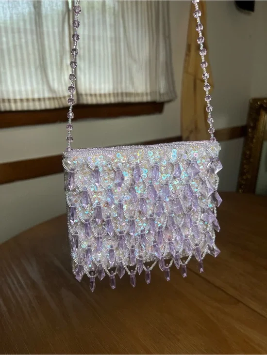 Sequins Beaded Fringe Lavender Evening Purse Handbag Clutch