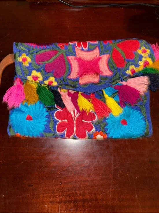 Hand-Embroidered Multicolor Floral Clutch - Boho Tassel Crossbody