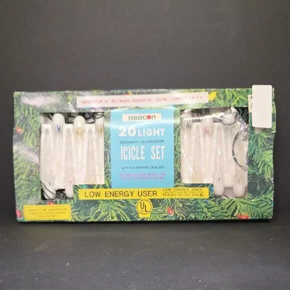 Vintage Christmas Icicle lights‎ original box holiday decoration Beacon 1981