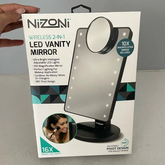 NIZONI LED Vanity Makeup Mirror Wireless 10X Magnifying Mirror w/ Lights NWT