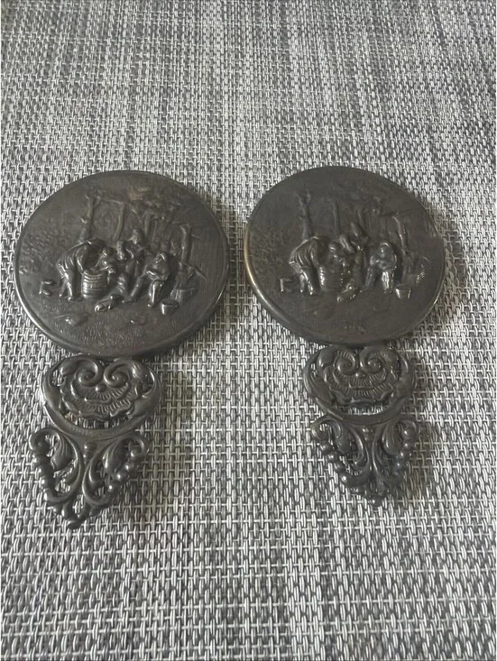 2 Vintage Hans Jensen Pocket Mirror Repousse Denmark Antiqued Silver Tone