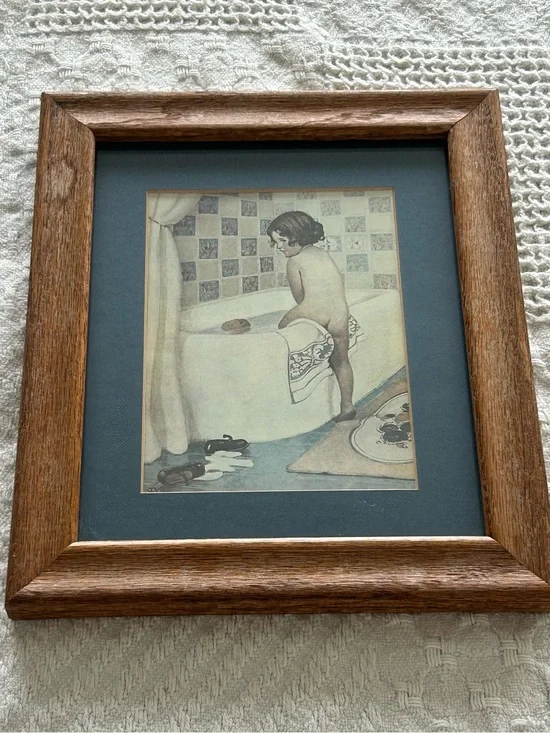 Framed Vintage Bath Illustration in Brown Wood Frame