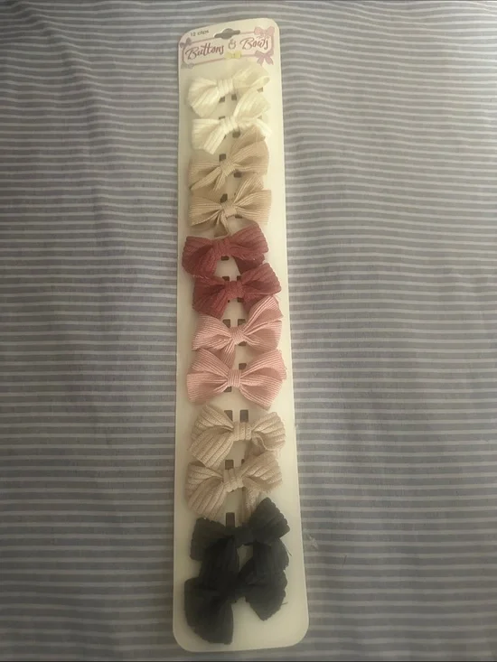 Buttons &Biws Neutral & Pink Ribbed Bow Clips Set