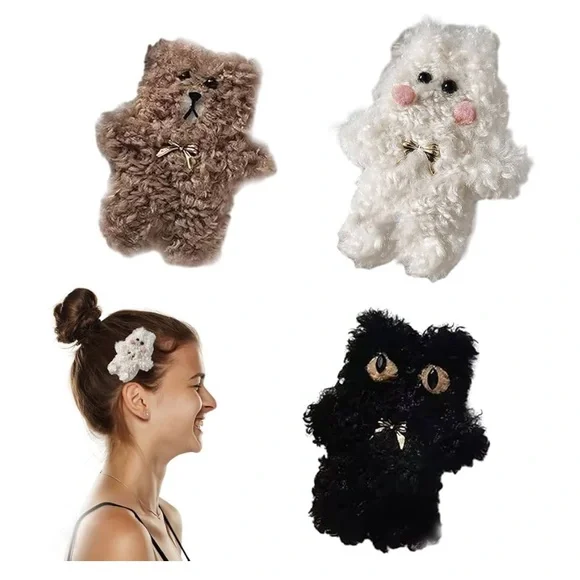 Furry Plush Hair Accessories Anti-Slip Hair Barrettes set 3 bear cat bunny new
