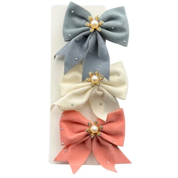 Kids Velvet Glitter‎ Grosgrain Bow Hair Clip Set Pink Cream Grey 3 Piece