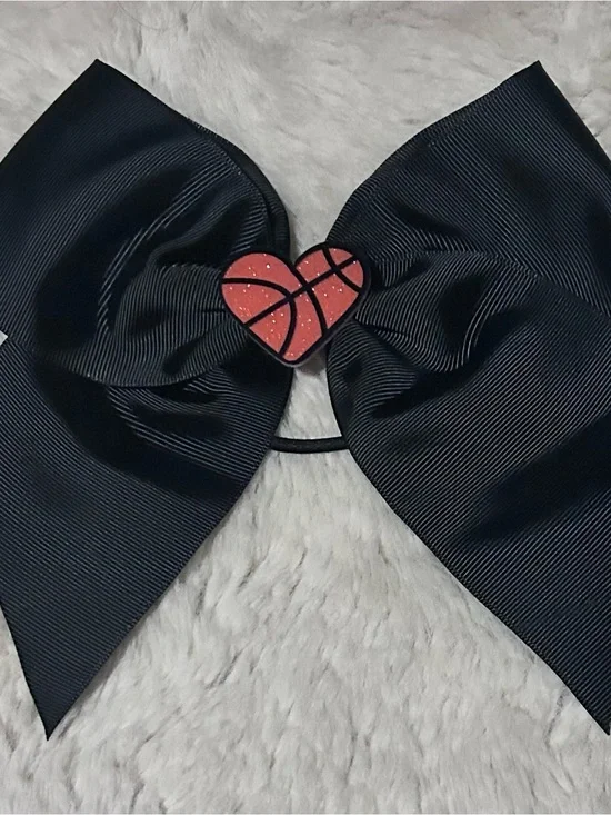 Black Grosgrain Bow Hair Tie with Red Basketball Heart