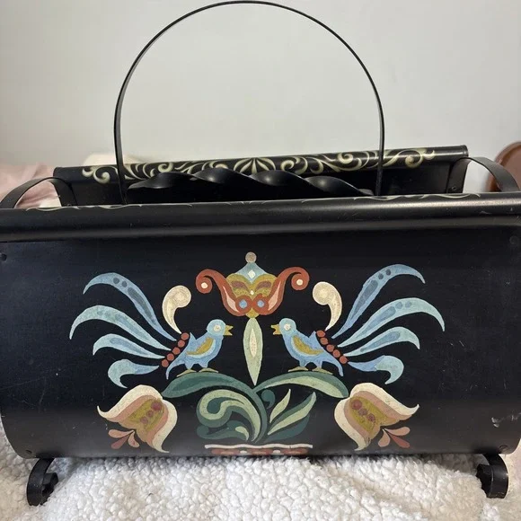 Vtg Black Tole Hand Painted Floral Birds Flowers Wrought Metal Magazine Holder