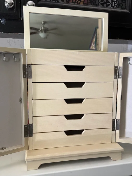 Wooden 5-Drawer Jewelry Organizer Cabinet with Mirror - Cream